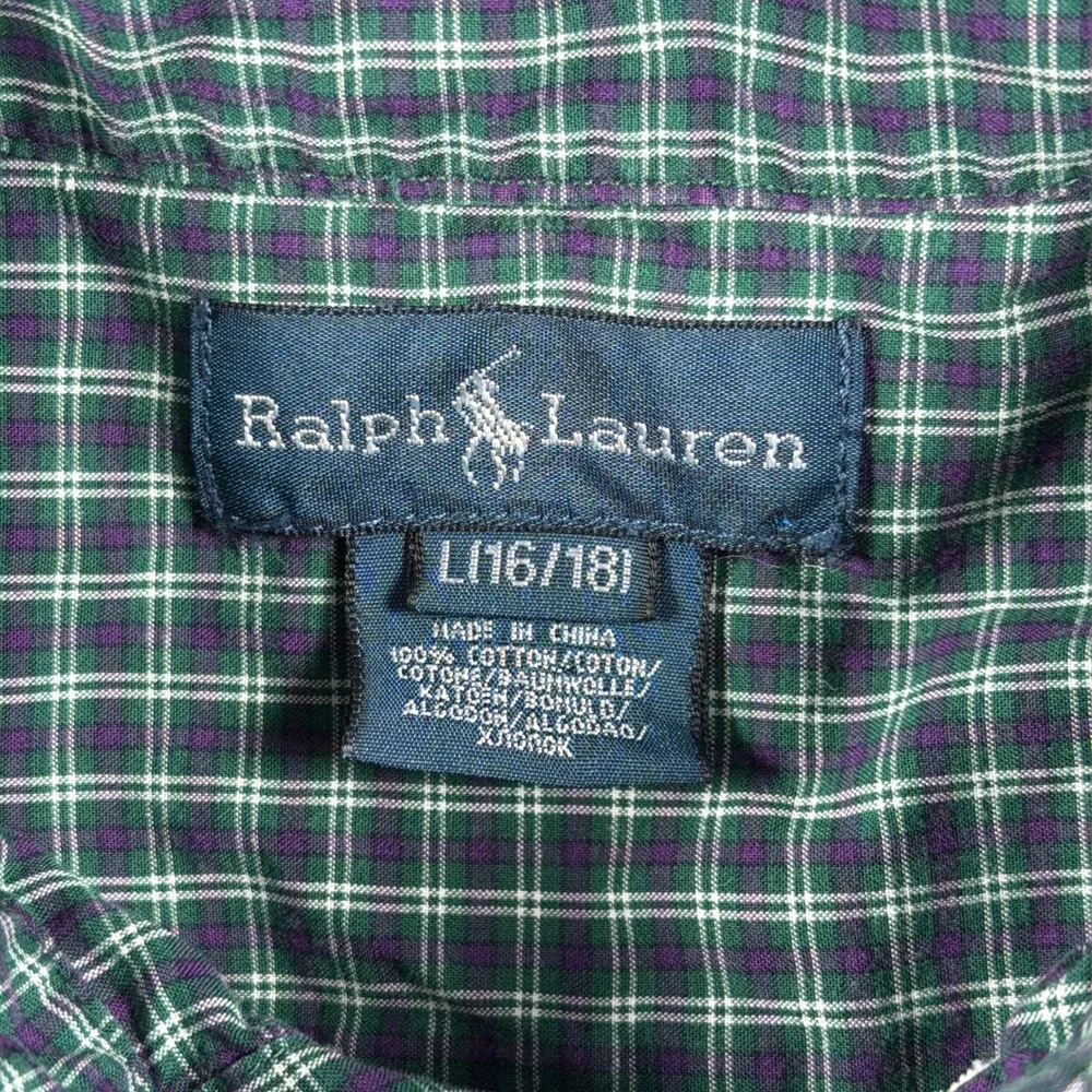 Ralph Lauren Button Down Shirt Kids‎ L 16/18 Green Plaid Long Sleeve Preppy